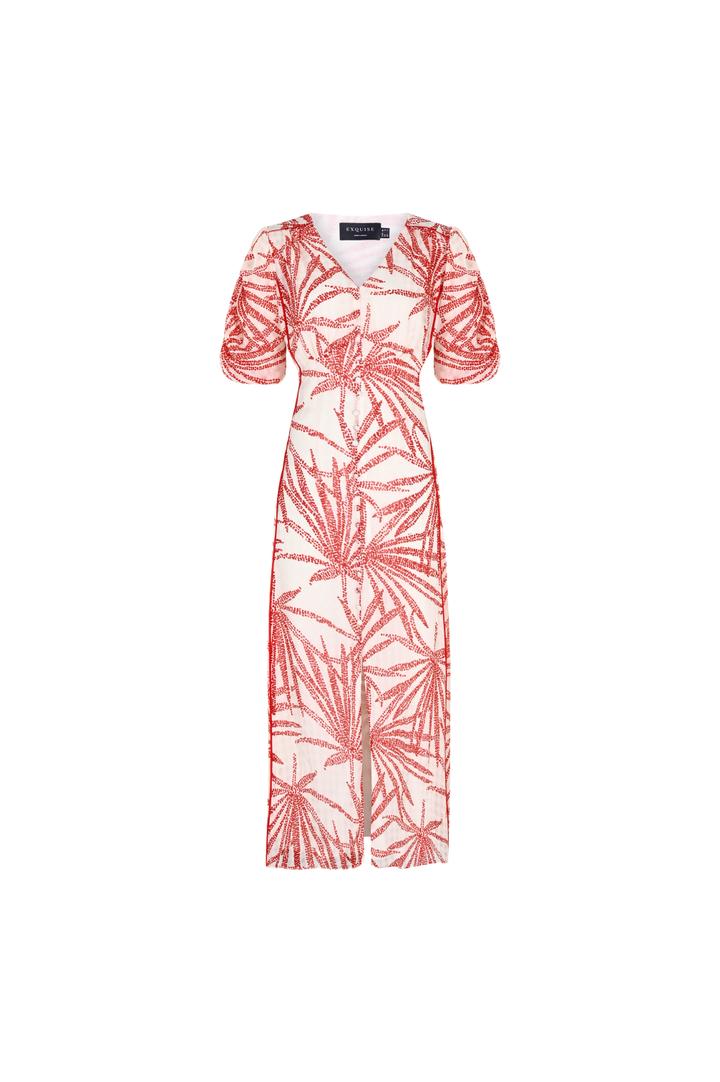 Exquise-Desenli Balon Kol V Yaka Düğmeli Regular Midi Rayon şifon Elbise-ELBİSE-12-Milagron.com