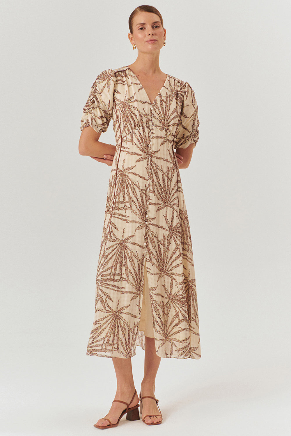 Exquise-Desenli Balon Kol V Yaka Düğmeli Regular Midi Rayon şifon Elbise-ELBİSE-2-Milagron.com