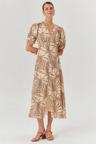 Exquise-Desenli Balon Kol V Yaka Düğmeli Regular Midi Rayon şifon Elbise-ELBİSE-2-Milagron.com