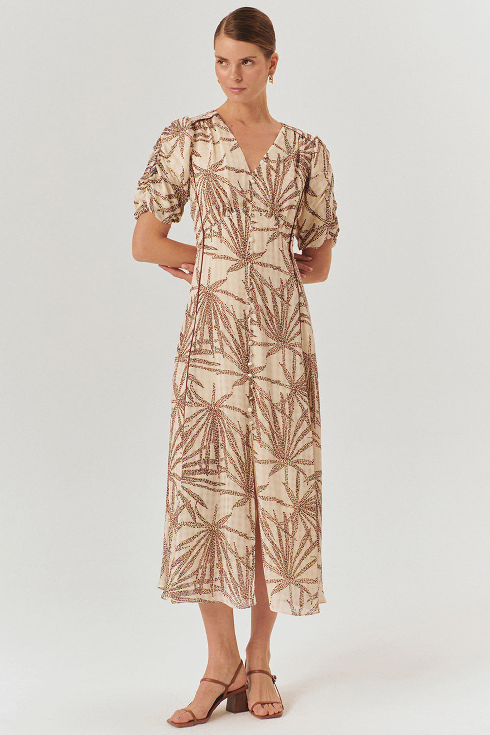 Exquise-Desenli Balon Kol V Yaka Düğmeli Regular Midi Rayon şifon Elbise-ELBİSE-3-Milagron.com