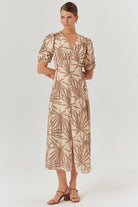 Exquise-Desenli Balon Kol V Yaka Düğmeli Regular Midi Rayon şifon Elbise-ELBİSE-3-Milagron.com