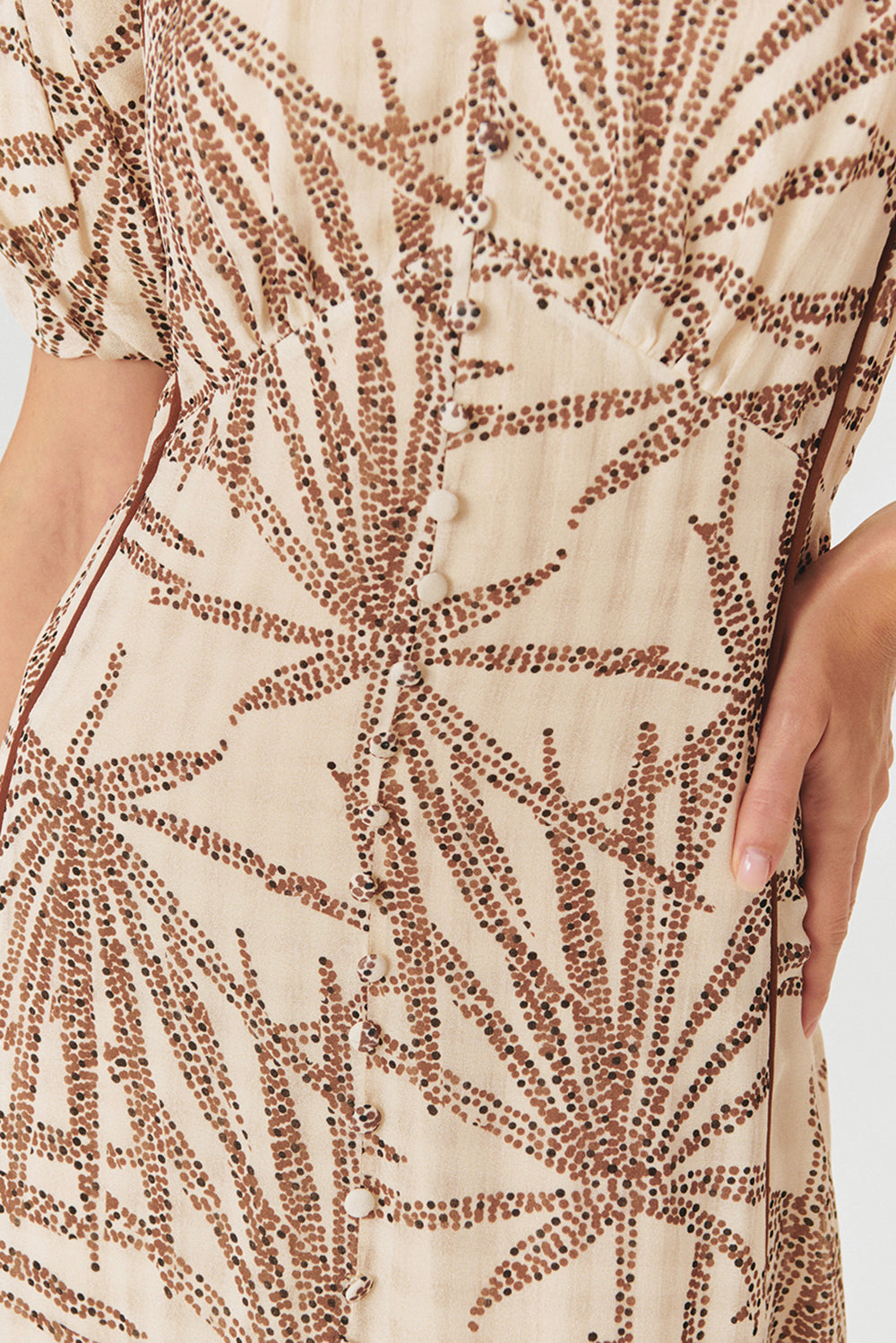 Exquise-Desenli Balon Kol V Yaka Düğmeli Regular Midi Rayon şifon Elbise-ELBİSE-4-Milagron.com