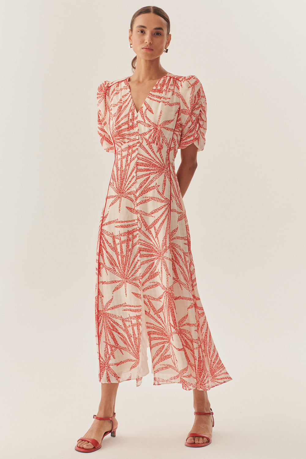 Exquise-Desenli Balon Kol V Yaka Düğmeli Regular Midi Rayon şifon Elbise-ELBİSE-8-Milagron.com