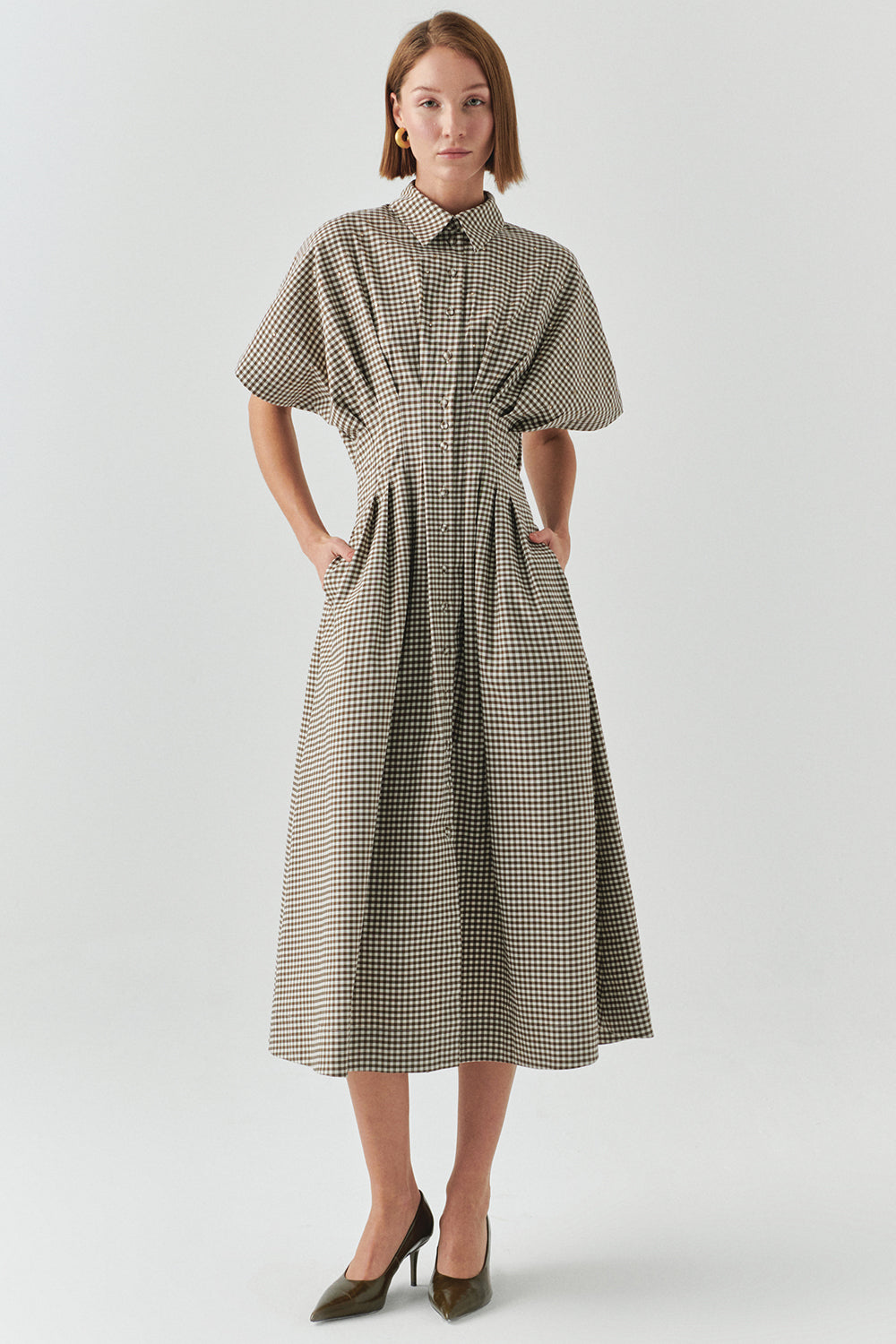 Exquise-Desenli Bele Oturan Düşük Omuzlu Taş Baskılı Regular Midi Elbise-ELBİSE-1-Milagron.com