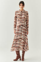 Exquise-Desenli Gömlek Yaka Slim Fit Uzun Kollu Midi Elbise-ELBİSE-1-Milagron.com