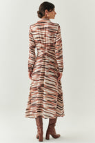 Exquise-Desenli Gömlek Yaka Slim Fit Uzun Kollu Midi Elbise-ELBİSE-3-Milagron.com