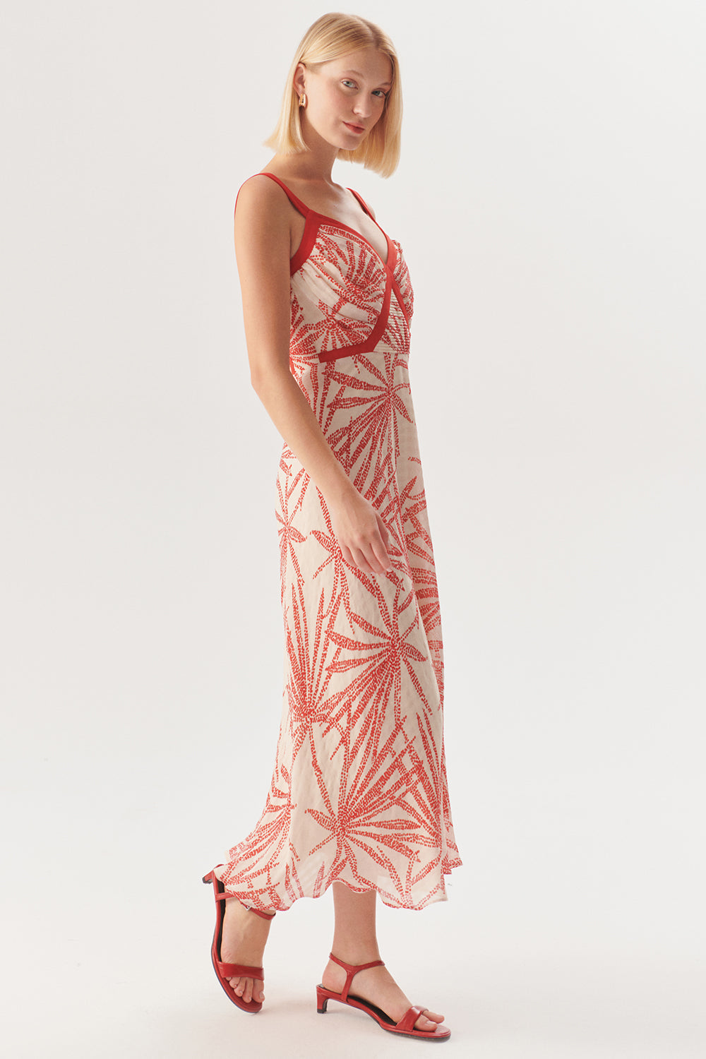Exquise-Desenli Kırmızı Biyeli Askılı Regular Midi Rayon şifon Elbise-ELBİSE-3-Milagron.com