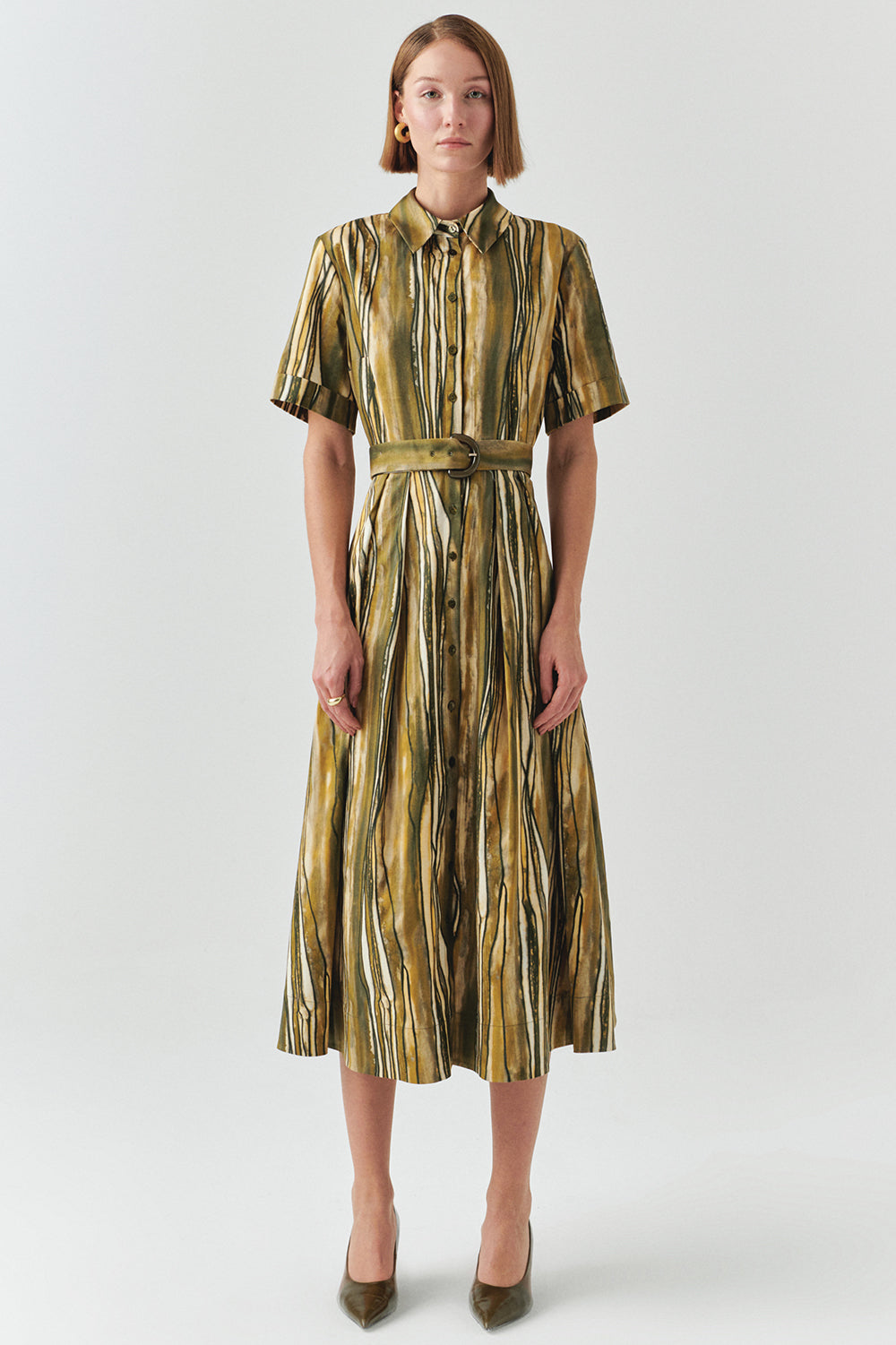 Exquise-Desenli Kısa Kol Beli Kemerli Regular Midi Elbise-ELBİSE-2-Milagron.com