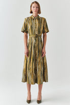 Exquise-Desenli Kısa Kol Beli Kemerli Regular Midi Elbise-ELBİSE-2-Milagron.com