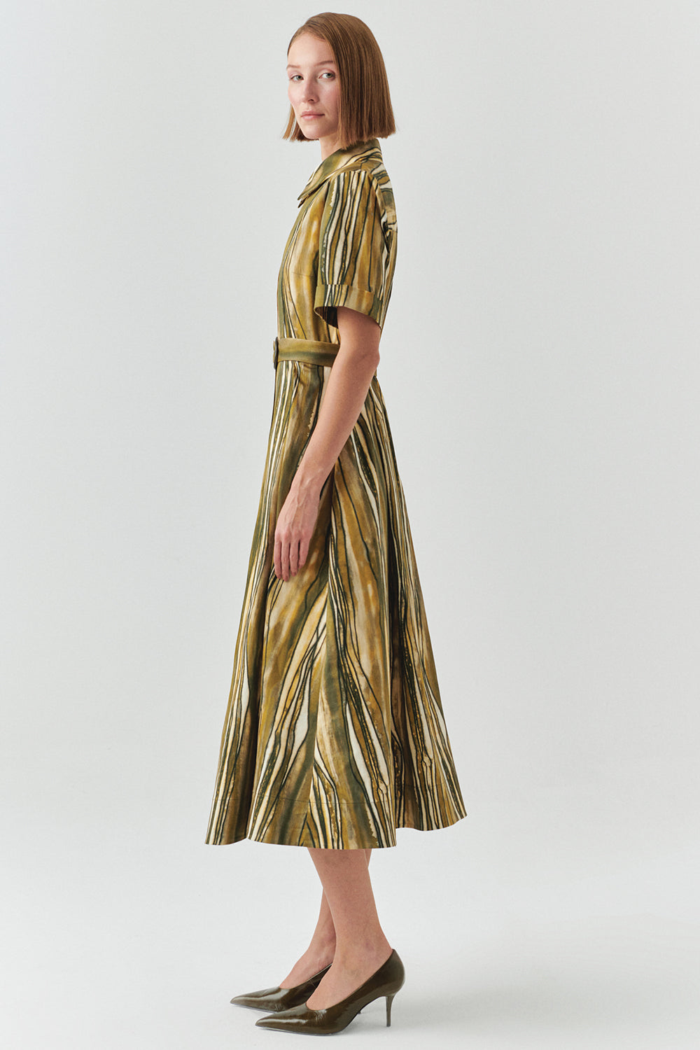 Exquise-Desenli Kısa Kol Beli Kemerli Regular Midi Elbise-ELBİSE-3-Milagron.com