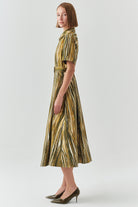 Exquise-Desenli Kısa Kol Beli Kemerli Regular Midi Elbise-ELBİSE-3-Milagron.com