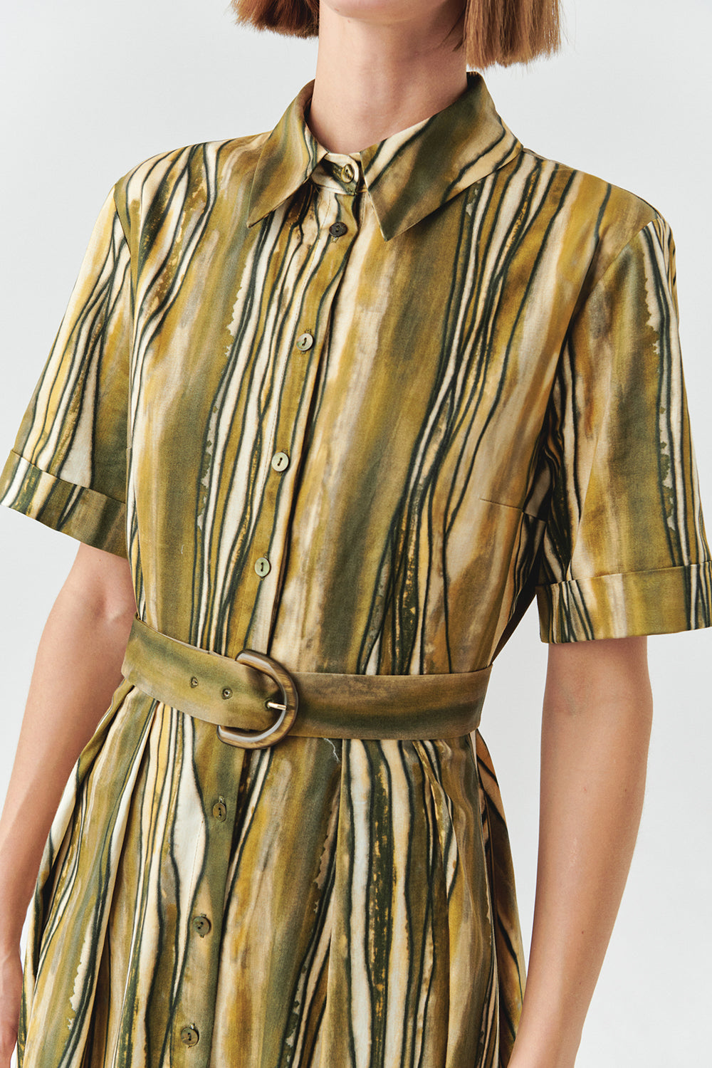 Exquise-Desenli Kısa Kol Beli Kemerli Regular Midi Elbise-ELBİSE-5-Milagron.com