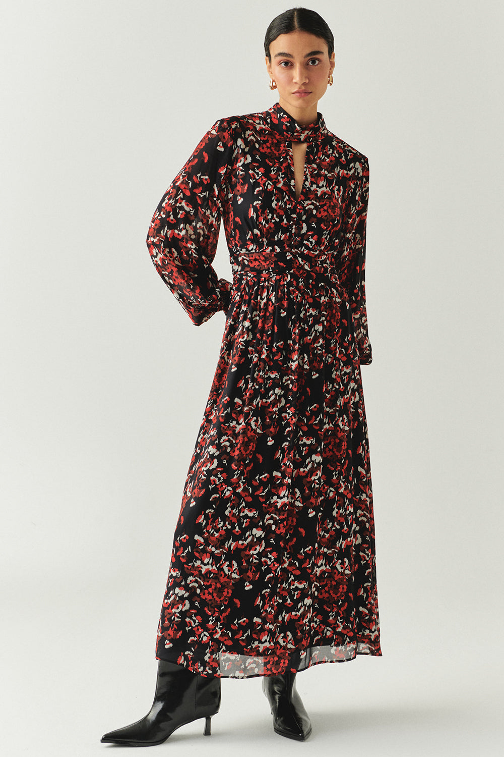 Exquise-Desenli Uzun Kollu Damla Yaka Slim Fit Astarlı Midi Elbise-ELBİSE-1-Milagron.com