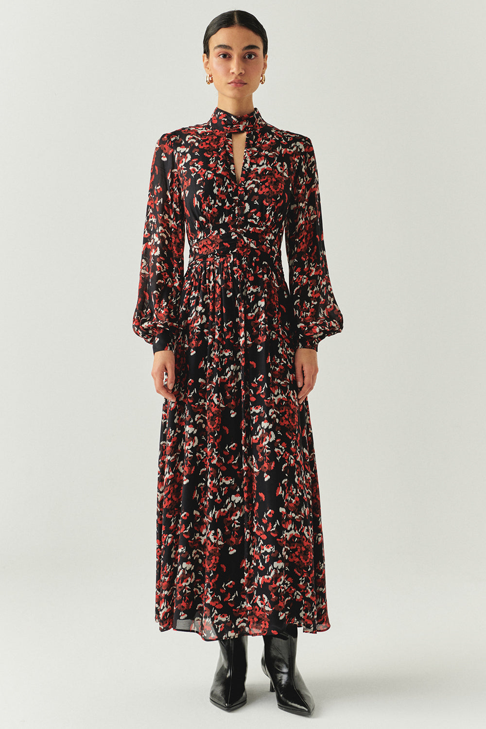 Exquise-Desenli Uzun Kollu Damla Yaka Slim Fit Astarlı Midi Elbise-ELBİSE-2-Milagron.com