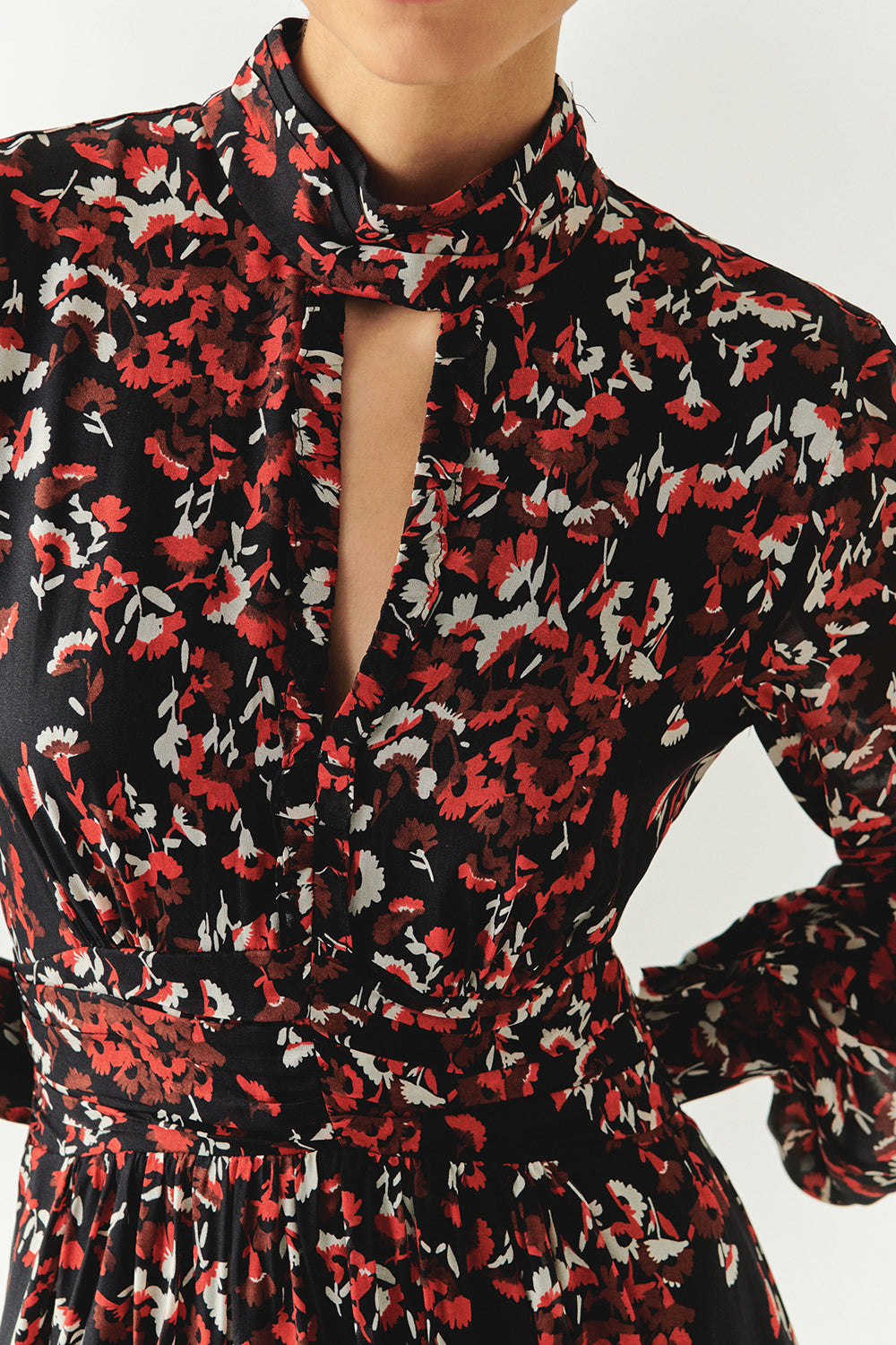 Exquise-Desenli Uzun Kollu Damla Yaka Slim Fit Astarlı Midi Elbise-ELBİSE-5-Milagron.com