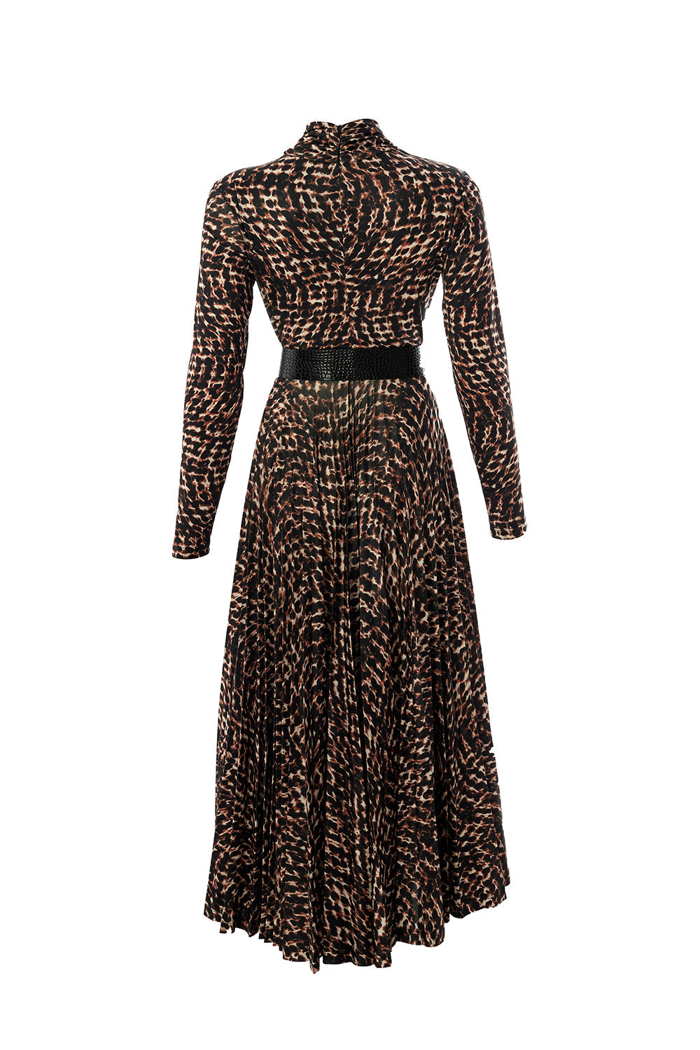 Exquise-Desenli Uzun Kollu Kemerli Slim Fit Pliseli Midi Elbise-ELBİSE-7-Milagron.com