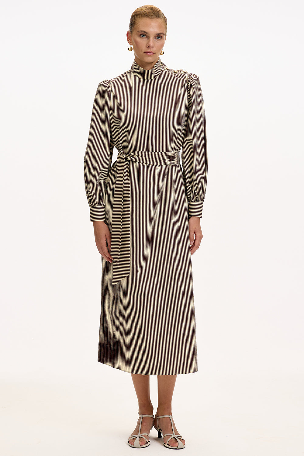 Exquise-Dik Yaka Uzuz Kollu çizgili Kuşaklı Regular Kahve Bej Midi Elbise-ELBİSE-2-Milagron.com