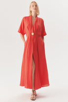 Exquise-Düğme Detaylı Bele Oturan A Kesim Maxi Keten Elbise-ELBİSE-1-Milagron.com