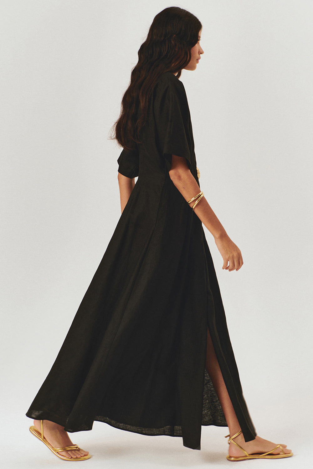 Exquise-Düğme Detaylı Bele Oturan A Kesim Maxi Keten Elbise-ELBİSE-10-Milagron.com