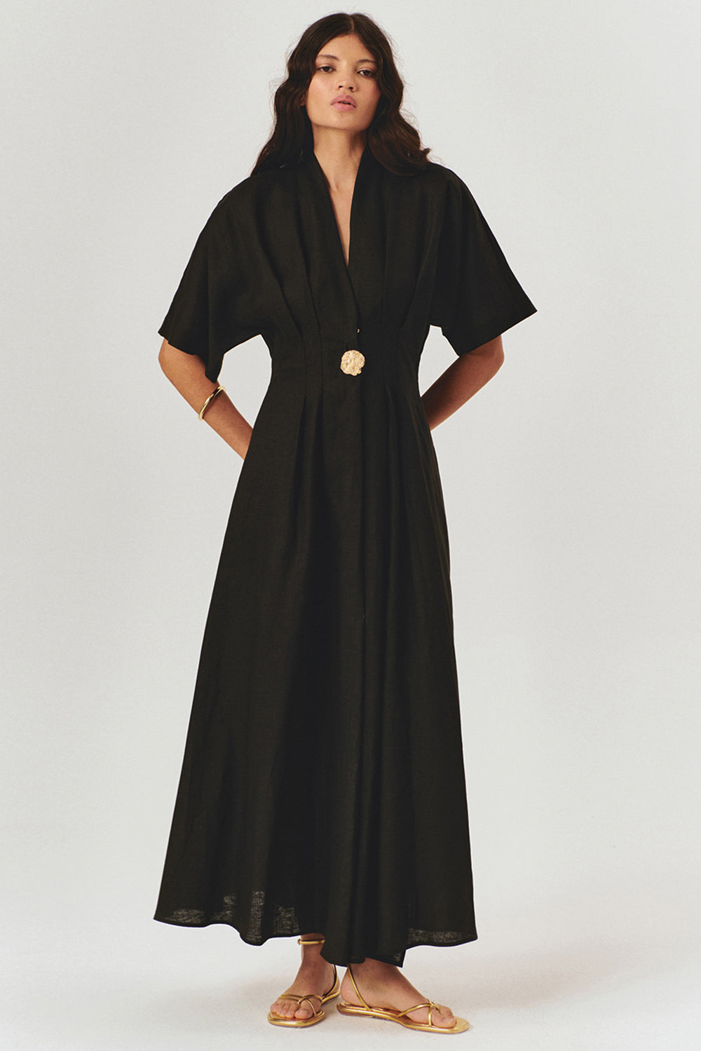 Exquise-Düğme Detaylı Bele Oturan A Kesim Maxi Keten Elbise-ELBİSE-11-Milagron.com