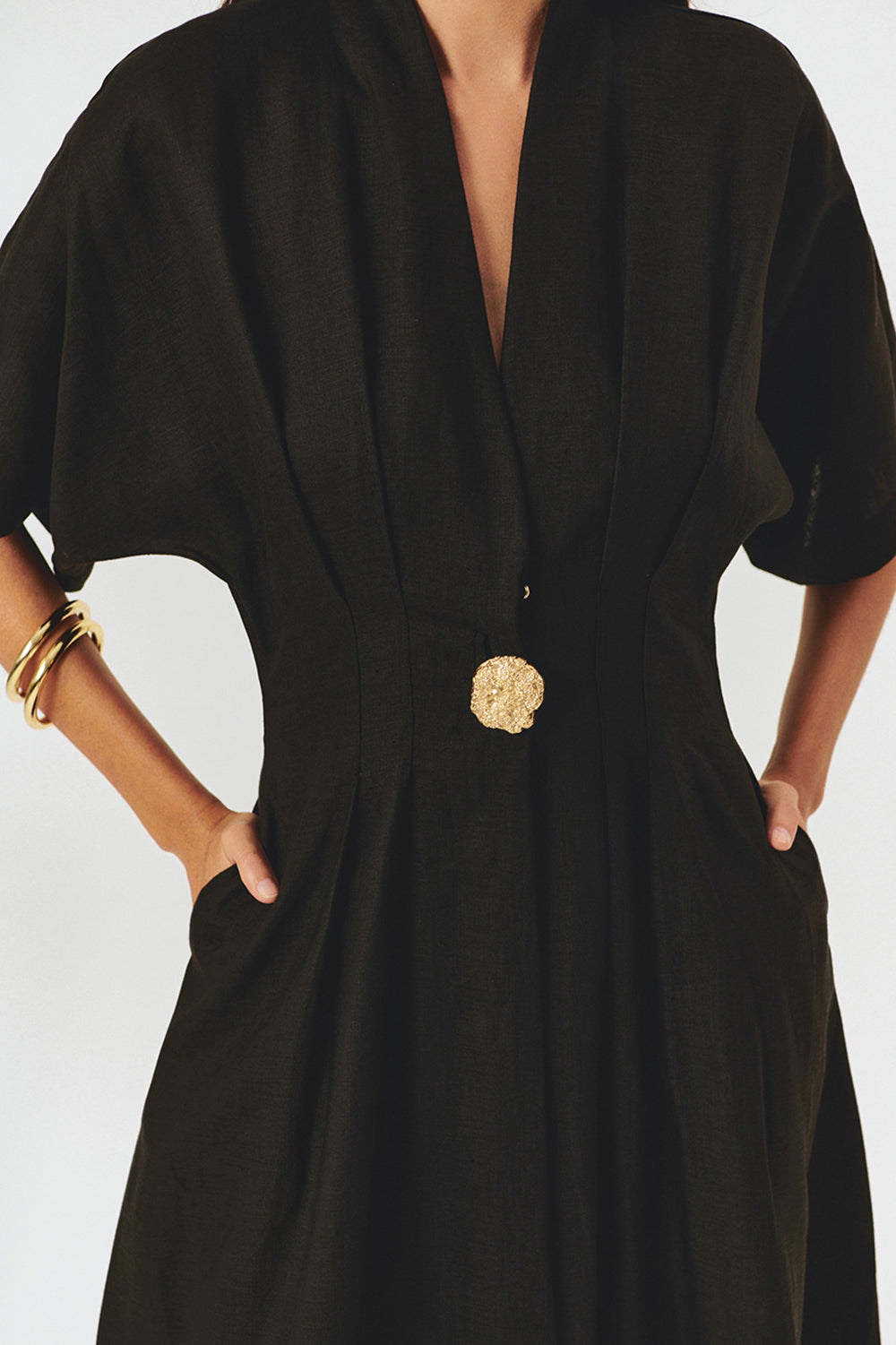 Exquise-Düğme Detaylı Bele Oturan A Kesim Maxi Keten Elbise-ELBİSE-13-Milagron.com