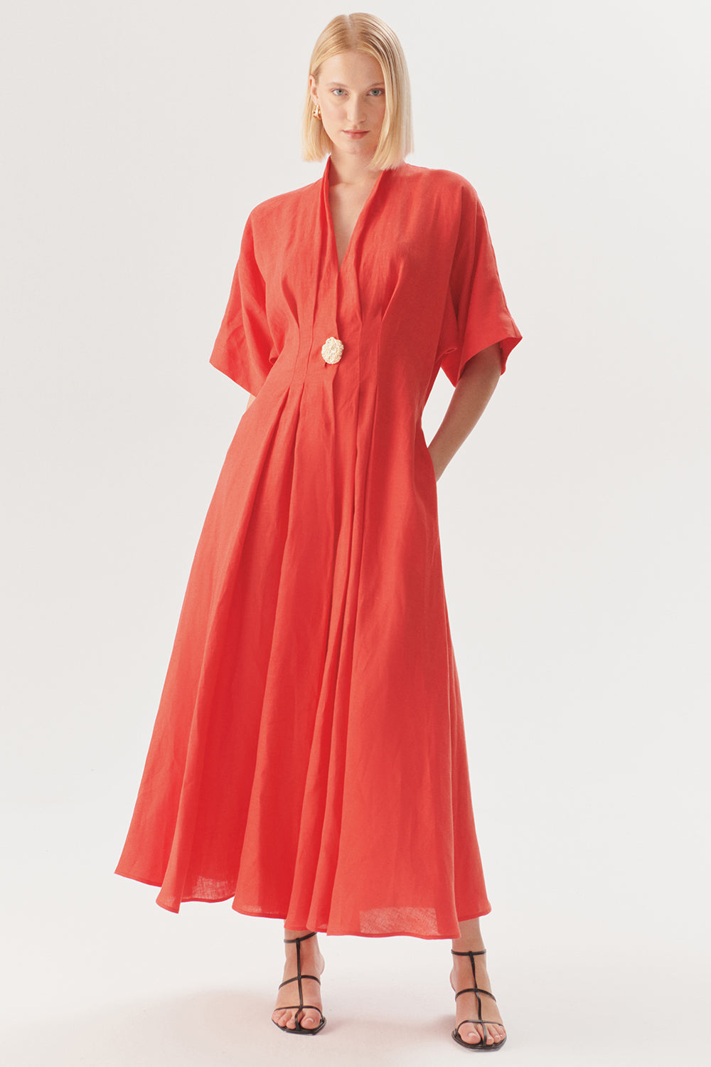 Exquise-Düğme Detaylı Bele Oturan A Kesim Maxi Keten Elbise-ELBİSE-2-Milagron.com