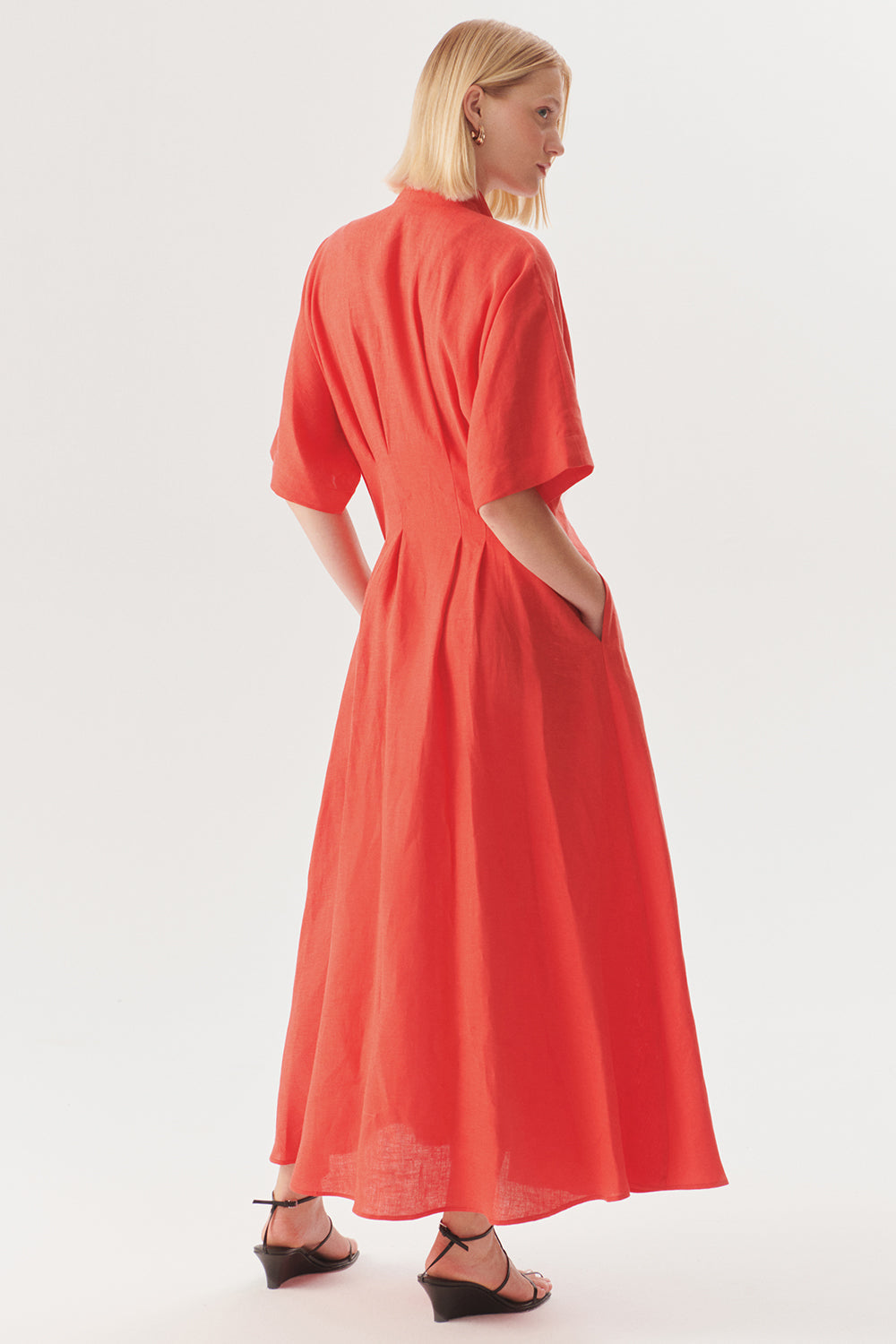 Exquise-Düğme Detaylı Bele Oturan A Kesim Maxi Keten Elbise-ELBİSE-3-Milagron.com