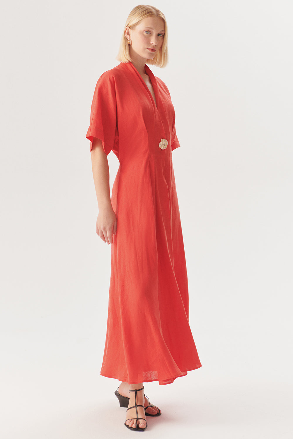 Exquise-Düğme Detaylı Bele Oturan A Kesim Maxi Keten Elbise-ELBİSE-4-Milagron.com