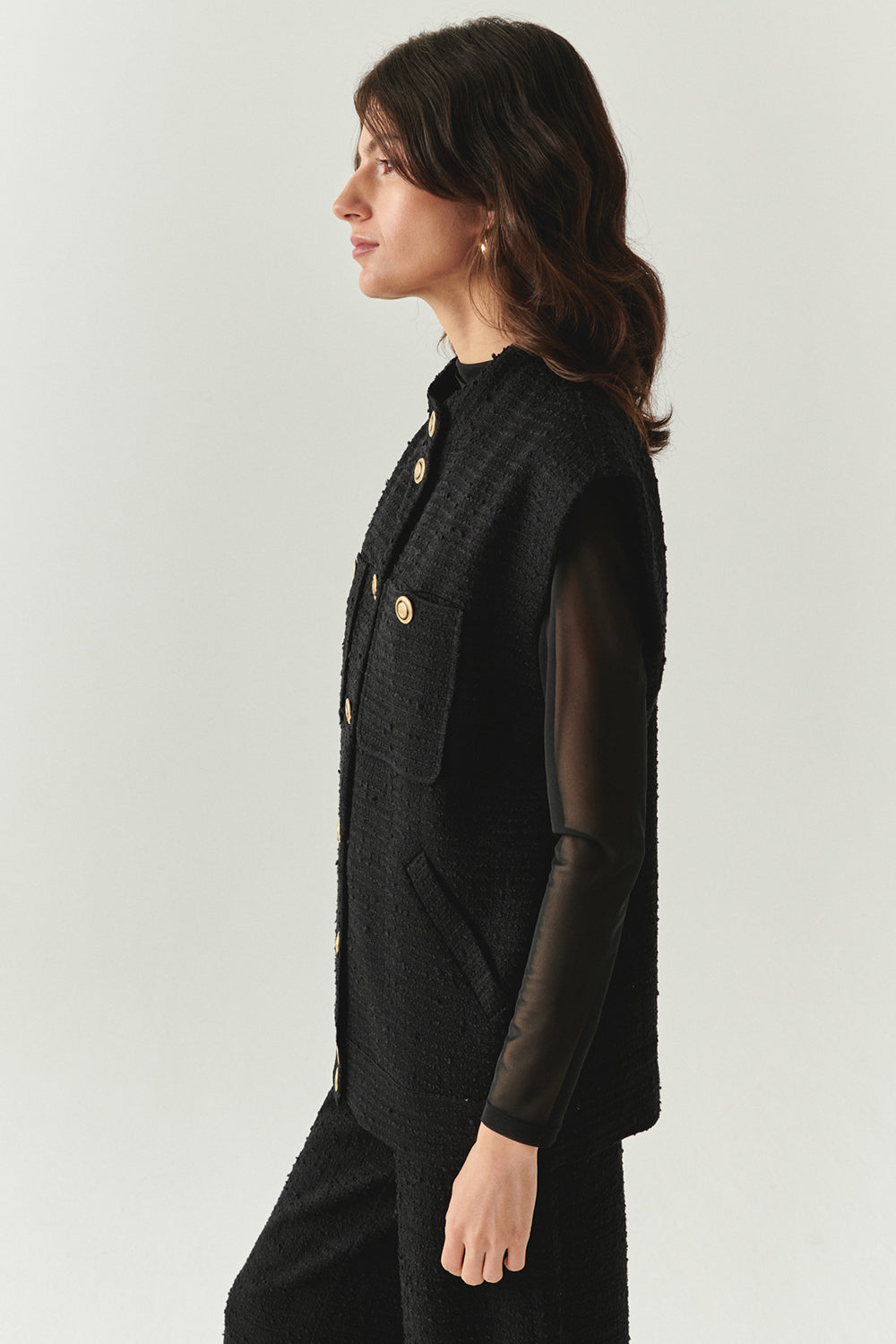 Exquise-Düğme Detaylı Cepli Regular Dokuma Siyah Yelek-YELEK-2-Milagron.com