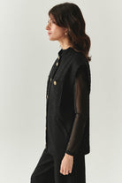 Exquise-Düğme Detaylı Cepli Regular Dokuma Siyah Yelek-YELEK-2-Milagron.com