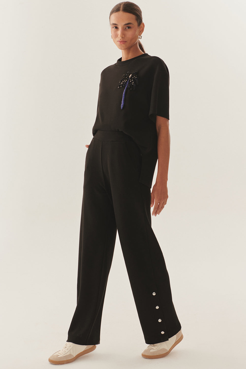 Exquise-Düğme Detaylı Rahat Kesim Siyah örme Pantolon-Pantolon-3-Milagron.com