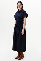 Exquise-Düşük Kol Düğmeli Beli Lastikli Regular Midi Lacivert Elbise-Elbise-3-Milagron.com