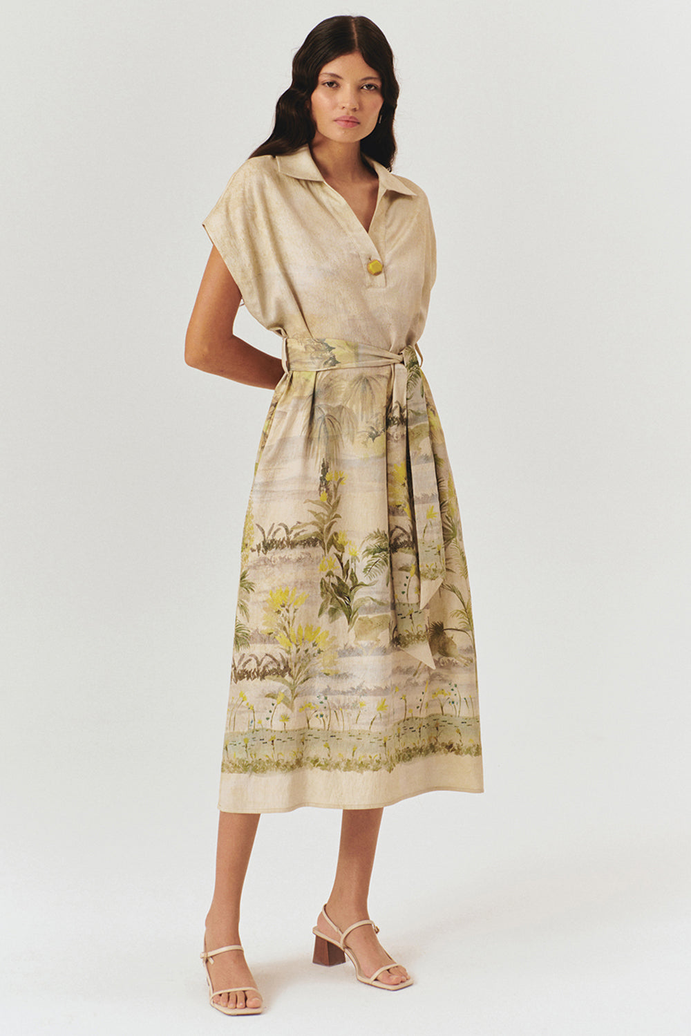 Exquise-Düşük Kol Desenli Kuşaklı Midi Boy Elbise-ELBİSE-1-Milagron.com