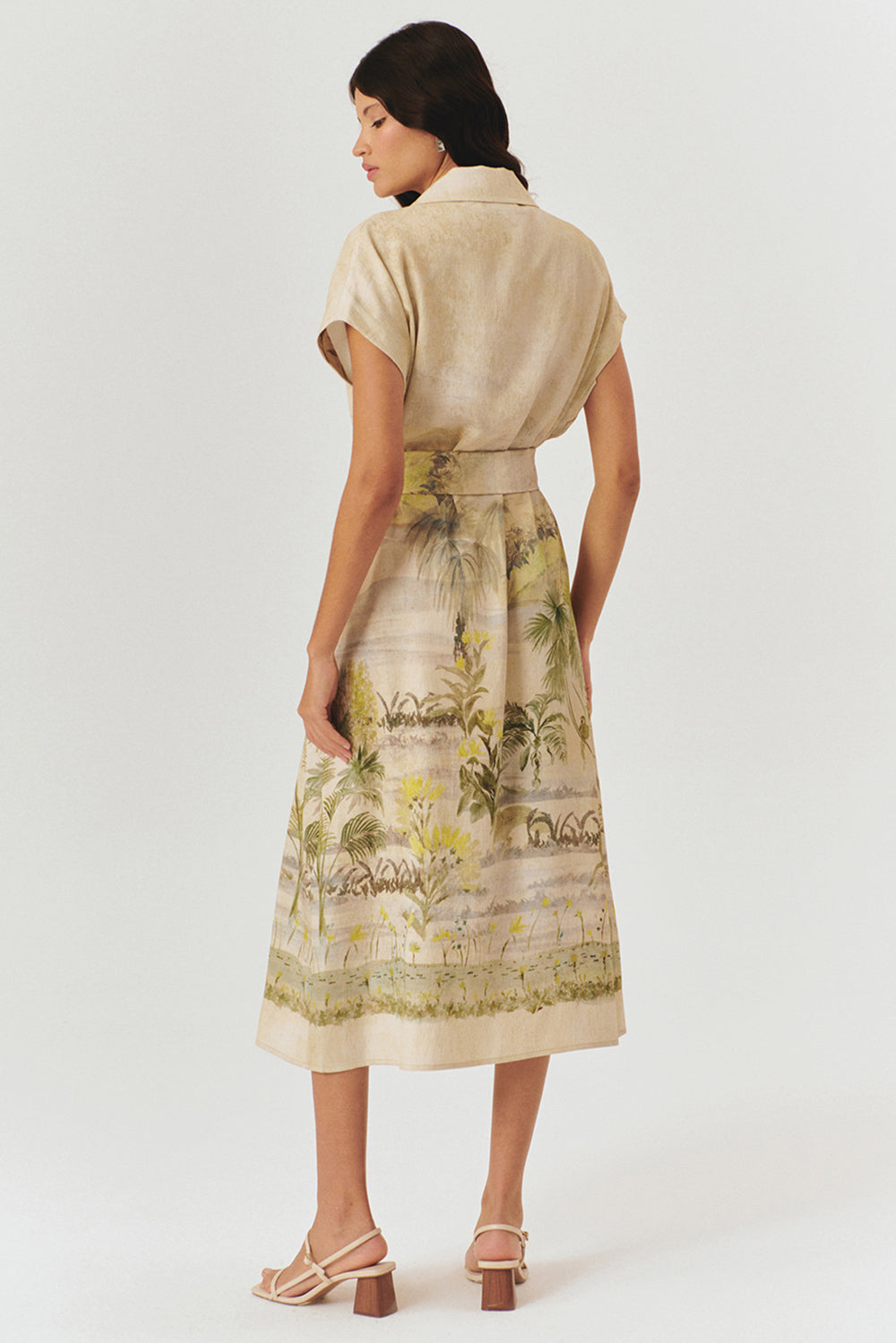 Exquise-Düşük Kol Desenli Kuşaklı Midi Boy Elbise-ELBİSE-4-Milagron.com