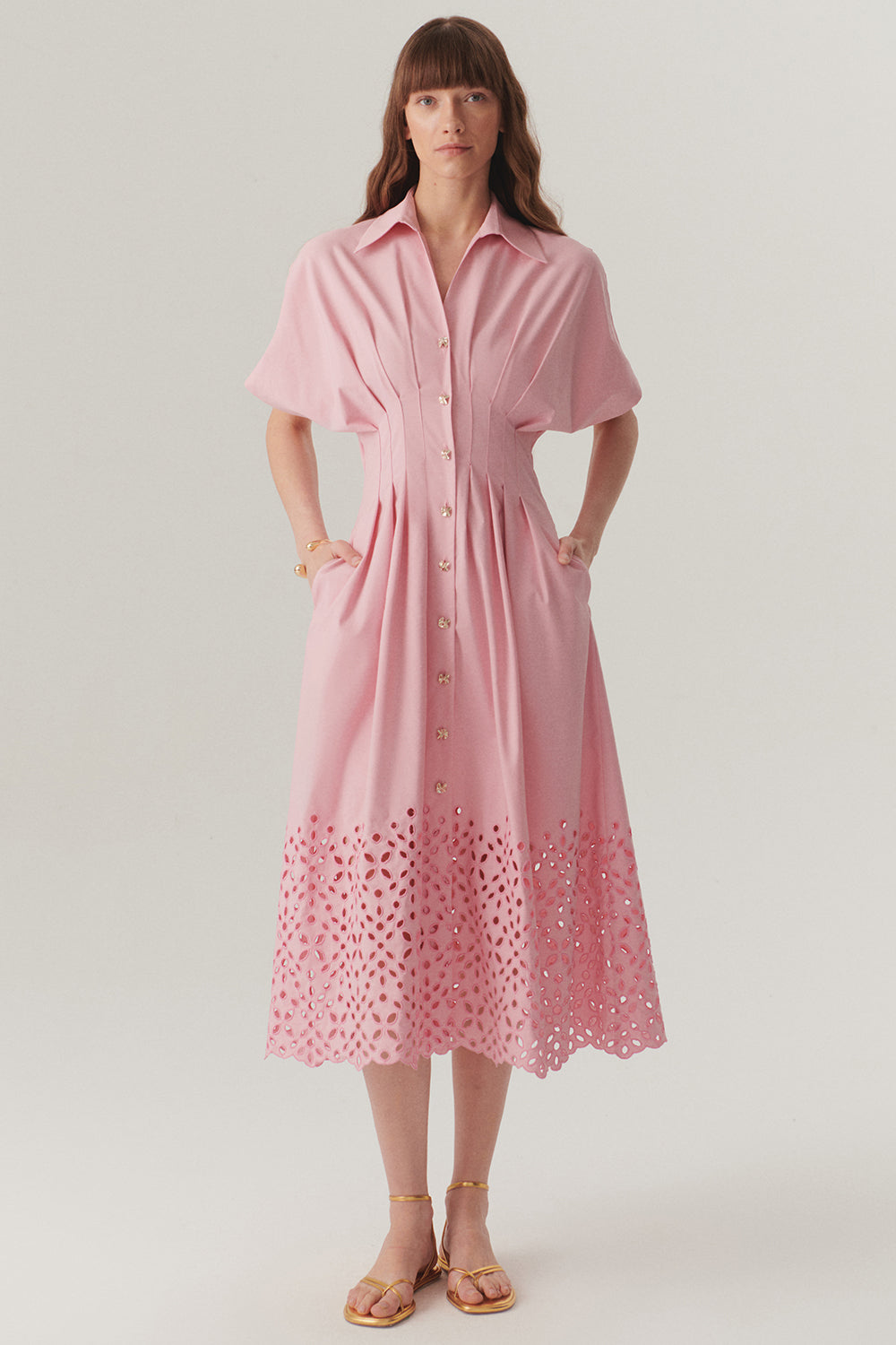 Exquise-Düşük Kol önden Düğmeli Etek Uçları Fistolu Bele Oturan Midi Boy Gömlek Elbise-ELBİSE-1-Milagron.com