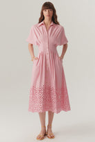 Exquise-Düşük Kol önden Düğmeli Etek Uçları Fistolu Bele Oturan Midi Boy Gömlek Elbise-ELBİSE-1-Milagron.com