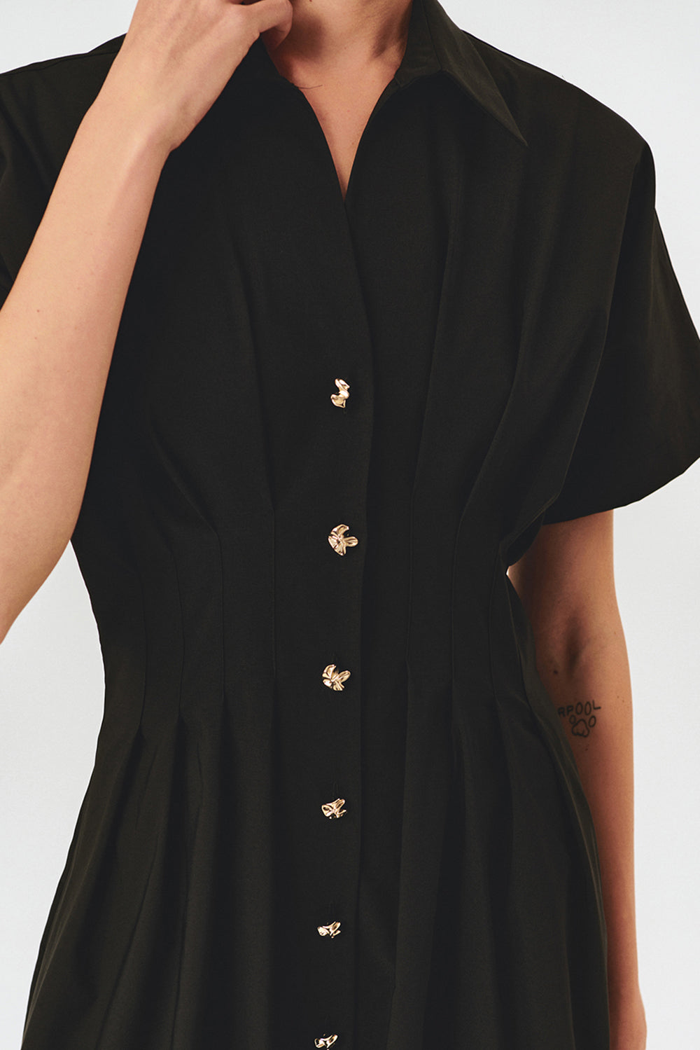 Exquise-Düşük Kol önden Düğmeli Etek Uçları Fistolu Bele Oturan Midi Boy Gömlek Elbise-ELBİSE-10-Milagron.com