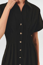 Exquise-Düşük Kol önden Düğmeli Etek Uçları Fistolu Bele Oturan Midi Boy Gömlek Elbise-ELBİSE-10-Milagron.com