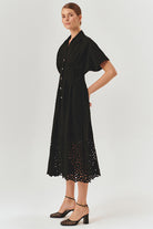 Exquise-Düşük Kol önden Düğmeli Etek Uçları Fistolu Bele Oturan Midi Boy Gömlek Elbise-ELBİSE-11-Milagron.com