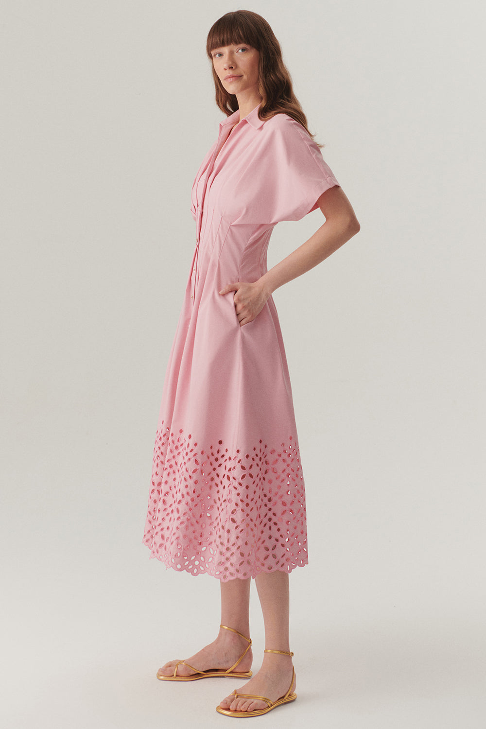 Exquise-Düşük Kol önden Düğmeli Etek Uçları Fistolu Bele Oturan Midi Boy Gömlek Elbise-ELBİSE-4-Milagron.com