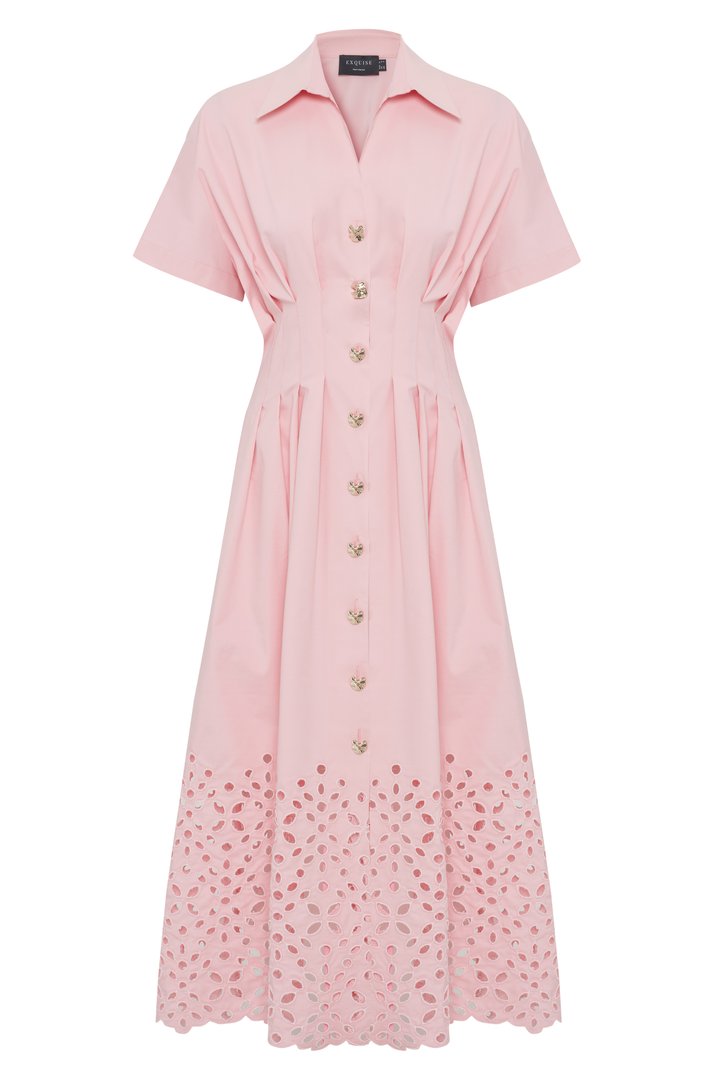 Exquise-Düşük Kol önden Düğmeli Etek Uçları Fistolu Bele Oturan Midi Boy Gömlek Elbise-ELBİSE-6-Milagron.com