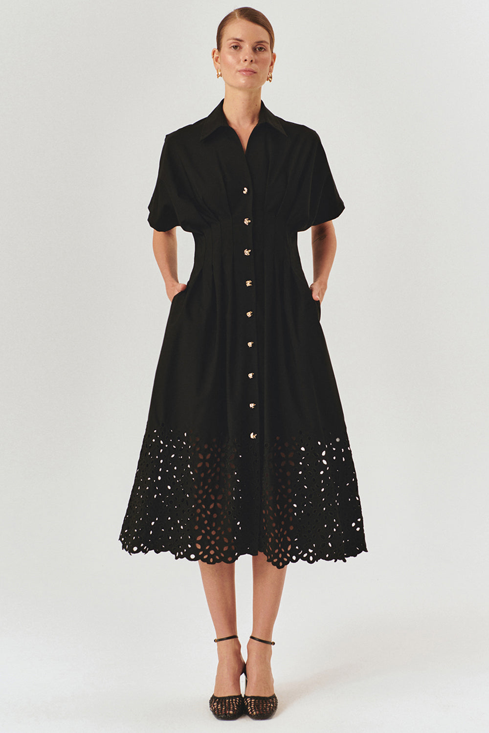 Exquise-Düşük Kol önden Düğmeli Etek Uçları Fistolu Bele Oturan Midi Boy Gömlek Elbise-ELBİSE-8-Milagron.com