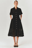 Exquise-Düşük Kol önden Düğmeli Etek Uçları Fistolu Bele Oturan Midi Boy Gömlek Elbise-ELBİSE-8-Milagron.com