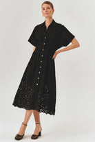 Exquise-Düşük Kol önden Düğmeli Etek Uçları Fistolu Bele Oturan Midi Boy Gömlek Elbise-ELBİSE-9-Milagron.com