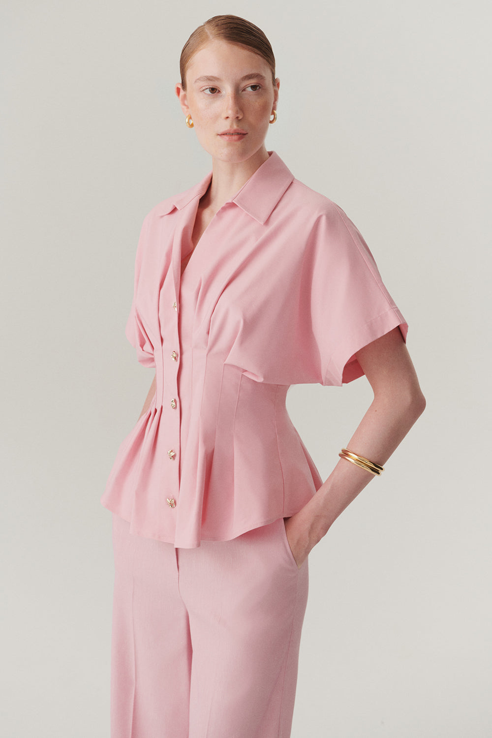 Exquise-Düşük Kollu Bele Oturan Pileli Poplin Gömlek-Gömlek-3-Milagron.com