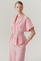 Exquise-Düşük Kollu Bele Oturan Pileli Poplin Gömlek-Gömlek-3-Milagron.com