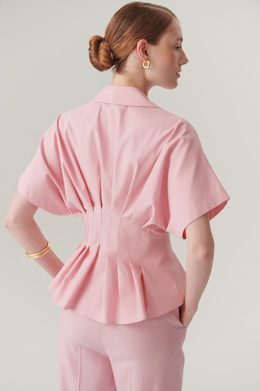 Exquise-Düşük Kollu Bele Oturan Pileli Poplin Gömlek-Gömlek-5-Milagron.com