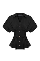 Exquise-Düşük Kollu Bele Oturan Pileli Poplin Gömlek-Gömlek-8-Milagron.com