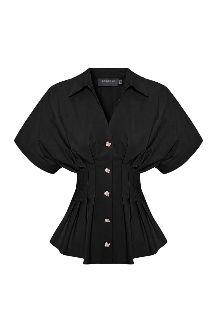 Exquise-Düşük Kollu Bele Oturan Pileli Poplin Gömlek-Gömlek-8-Milagron.com