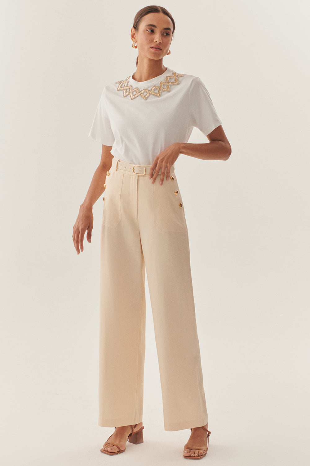 Exquise-Düz Kesim Uyumlu Kemerli Yüksek Bel Bej Pantolon-Pantolon-2-Milagron.com